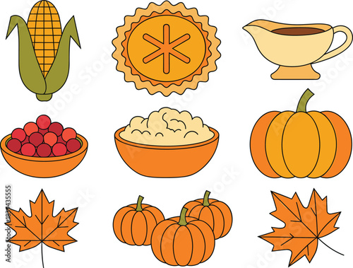 Thanksgiving and autumn illustration set featuring corn, pie, gravy, cranberries, mashed potatoes, pumpkins, and maple leaves for seasonal holiday designs