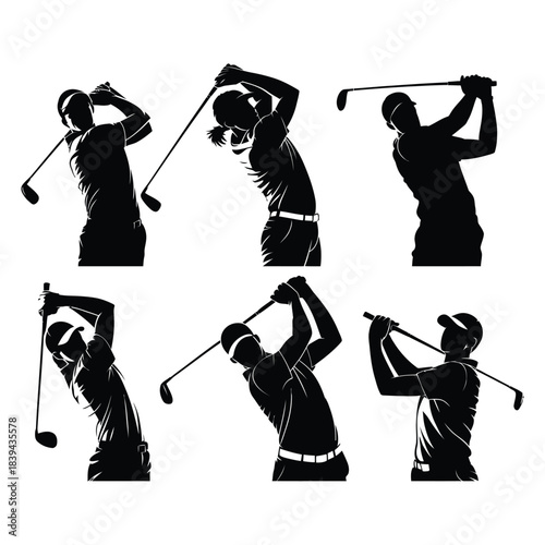 Golf swing action male female players set black silhouette collection isolated on transparent background professional sport movements vector illustration