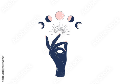 Mystical hand gesture holding moon phases and starburst esoteric, magic, celestial theme white