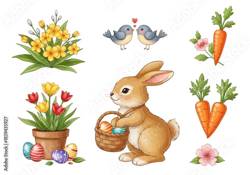 Easter elements collection with bunny holding a basket of eggs, spring flowers, birds, and carrots, white