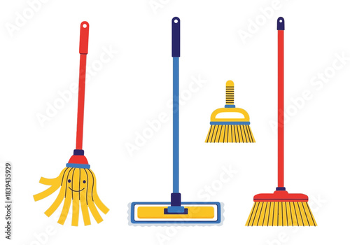 Set of cleaning tools mop, broom, and dustpan
