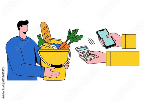 Man holding a bucket full of groceries while another person pays with a smartphone and a calculator, concept of online grocery shopping and payment, white