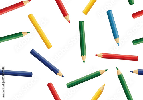Seamless pattern of colorful sharpened colored pencils scattered on a, white