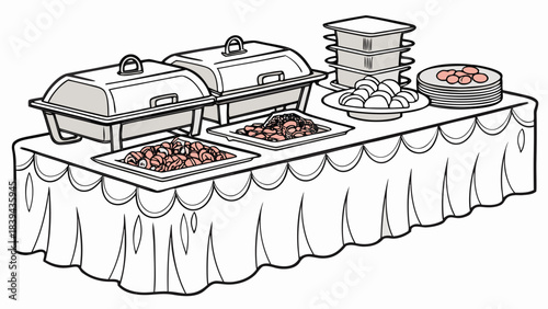 “High-detail buffet display with trays of assorted dishes, elegant tablecloth folds, professional event catering vector.”