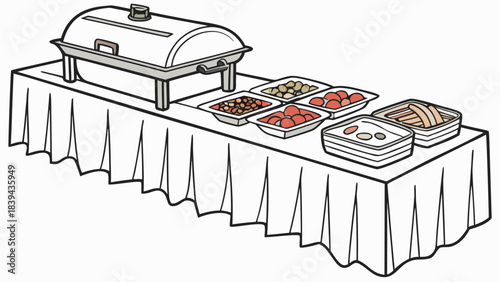 “High-detail buffet display with trays of assorted dishes, elegant tablecloth folds, professional event catering vector.”