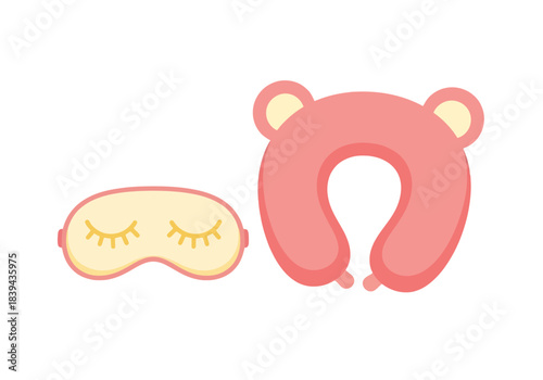Pink travel neck pillow and sleeping eye mask set illustration