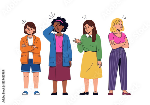 Group of four diverse women standing with confused or doubtful expressions, arms crossed