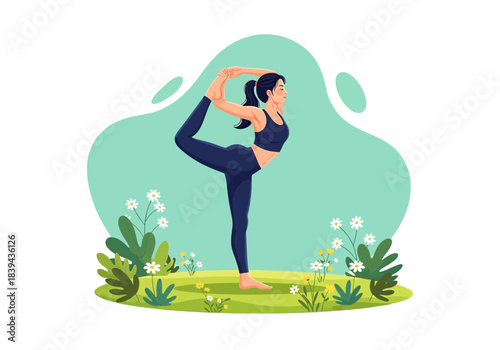 Woman practicing yoga in natarajasana or lord of the dance pose in nature with flowers and green background