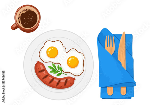 Breakfast set with fried eggs, sausage, coffee, and cutlery