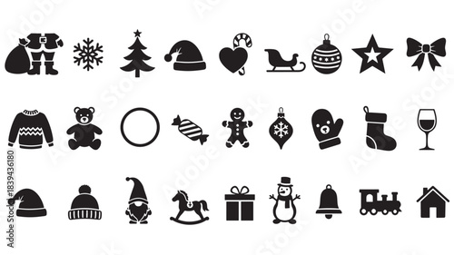 a collection of black christmas icons including a santa hat christmas tree and gingerbread man silhouette on transparent background high quality professional detailed modern elegant stylish