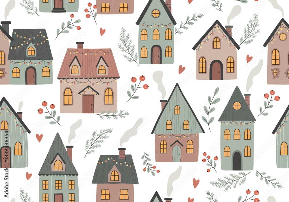 Naklejka premium Seamless pattern with cute winter houses and christmas decorations on