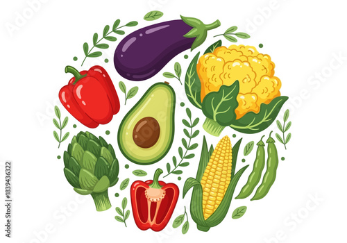 Assortment of fresh vegetables arranged in a circle