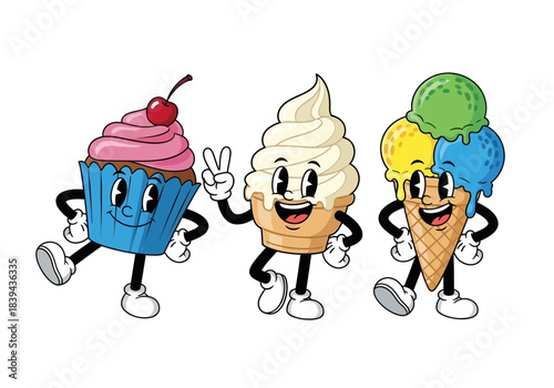 Three cute cartoon characters of desserts cupcake, soft serve ice cream, and triple scoop ice cream cone with happy faces and arms legs
