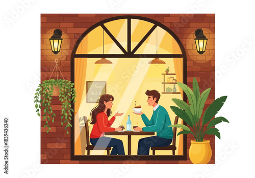 Couple having coffee or tea date inside a cozy cafe or restaurant looking through a large arched window with brick wall exterior