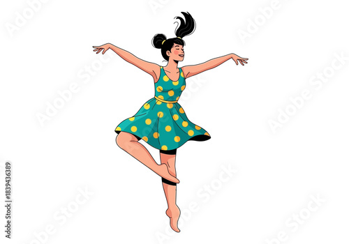 Young woman or girl dancing ballet or modern dance in a turquoise polka dot dress