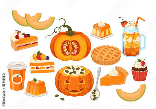 Set of autumn desserts and pumpkin harvest food items pumpkin pie slices, cantaloupe melon, pumpkin drink in cup, carved pumpkin, jelly, sweet beverage in jar, white