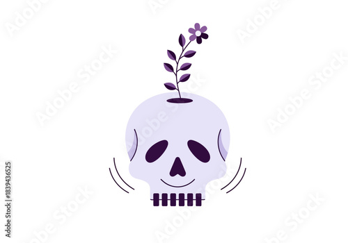 Minimalist light purple skull vase with a small purple flower growing out of the top, white
