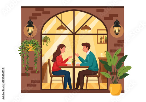 Couple talking and having dinner date in a cozy restaurant or cafe through a large arched window with brick wall and hanging plants