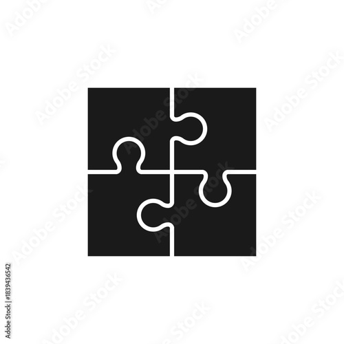 Four piece square puzzle icon. Black silhouette. Vector illustration on white background.