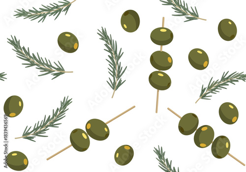 Seamless pattern of green olives on skewers and rosemary sprigs, white