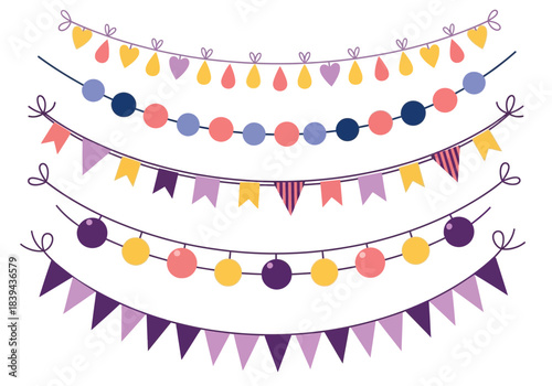 Set of colorful hanging party garlands and bunting flags, festive decoration elements, white