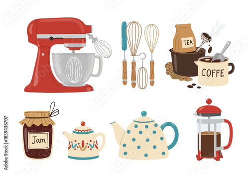 Set of kitchen baking and coffee making tools, mixer, whisks, teapot, french press, jam jar