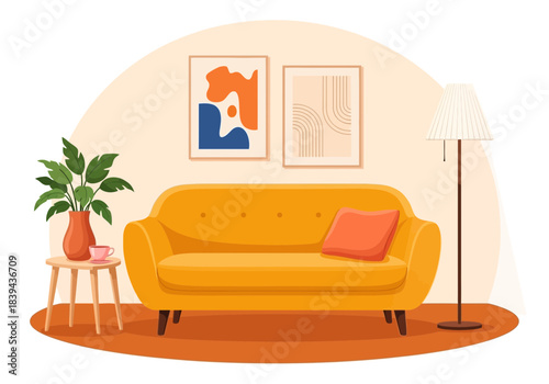 Cozy living room interior with a bright yellow sofa, floor lamp, and potted plant