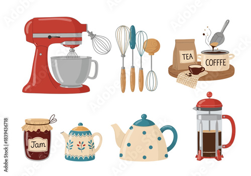 Set of kitchen baking and coffee making tools, mixer, whisks, teapot, french press, jam jar