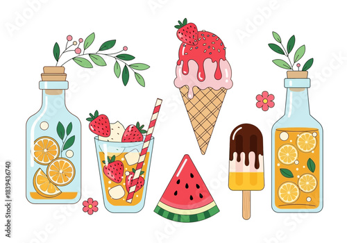 Collection of refreshing summer drinks and desserts, including strawberry ice cream cone, popsicle, fruit infused water, and fruit cocktail