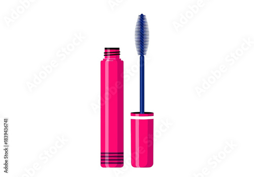 Pink mascara tube with open cap and blue brush applicator