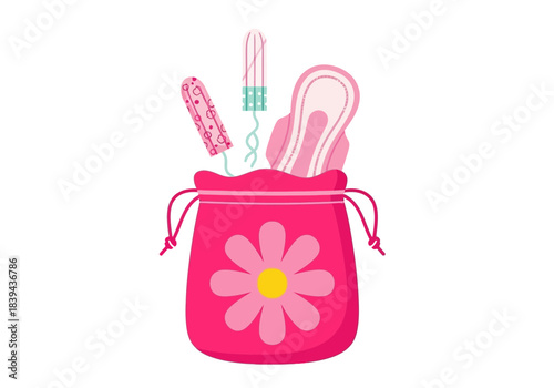 Pink pouch with feminine hygiene products, menstrual care kit with sanitary pads and tampons