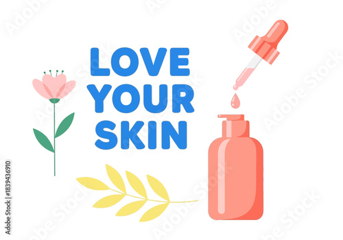 Love your skin concept with cosmetic serum dropper and pink flower
