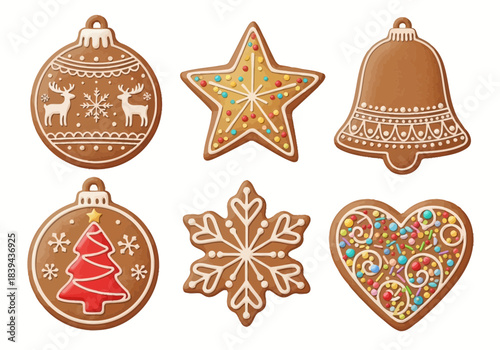 Set of six christmas gingerbread cookies in different shapes ball, star, bell, christmas tree, snowflake, and heart