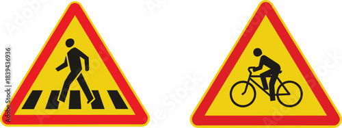 Pedestrian and bicycle crossing signs, triangular traffic warning symbols, road safety vector icons, caution graphics, yellow and red signage