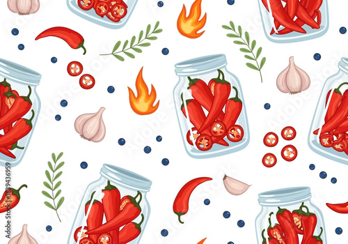 Seamless pattern with jars of pickled chili peppers, garlic, herbs, and flames