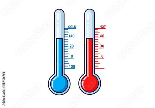 Two thermometers showing cold and hot temperature readings with blue and red liquid