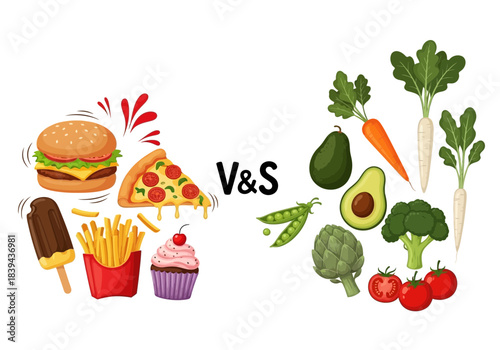 Healthy vs unhealthy food comparison vegetables and fruits versus fast food and sweets