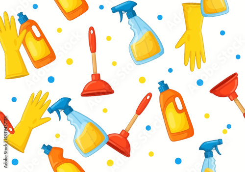 Seamless pattern of cleaning supplies and tools, white