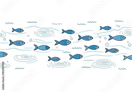Seamless pattern with cute blue fish swimming in the water with ripples, hand drawn illustration, simple design, 118 chars
