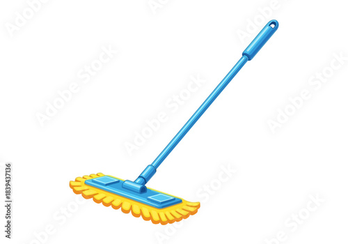 Flat lay of a modern blue and yellow microfiber flat mop for floor cleaning, white