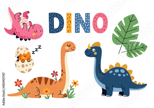 Cute set of cartoon dinosaurs and the word dino, baby animals and nature elements, white