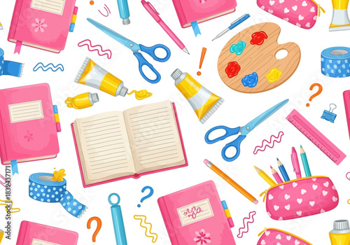 Seamless pattern with pink stationery and art supplies notebooks, open book, scissors, paint palette, pens, pencils, and glue