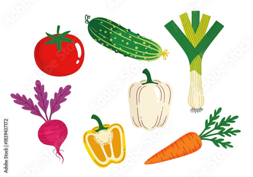 Assortment of fresh vegetables including tomato, cucumber, beetroot, bell pepper, leek, and carrot
