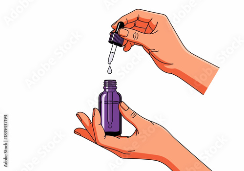 Hands applying serum or essential oil from a dropper bottle