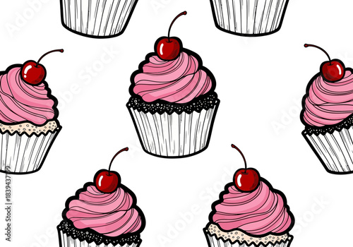 Hand drawn seamless pattern of cupcakes with pink frosting and cherry on top, perfect for fabric, wrapping paper, or wallpaper design