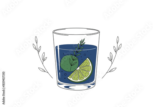 Refreshing blue cocktail or gin and tonic drink in a glass with lime and rosemary garnish, minimalist illustration, white