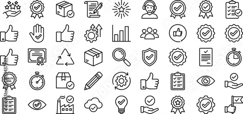 Quality assurance, certification, productivity, business support, checklist, approval icons set with shipping, management, evaluation, monitoring, success, verification, and workflow symbols
