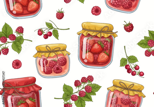 Seamless pattern of raspberry jam jars and fresh berries, sweet summer preserve illustration, white