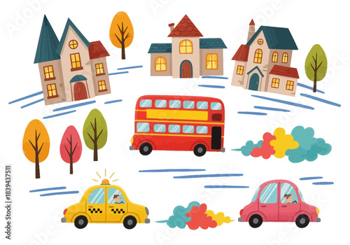 Cute cartoon city street scene with doubledecker bus, taxi, cars, houses, and autumn trees