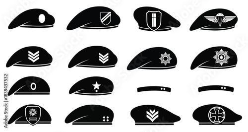 Collection of military berets with various insignia vector illustration. icons representing armed forces, special units, and police uniforms.